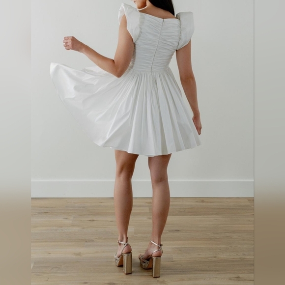 Watters Pavlova Ivory Square-Neck Puff-Sleeve Empire-Waist Taffeta Mini Dress, 8 - Picture 6 of 17